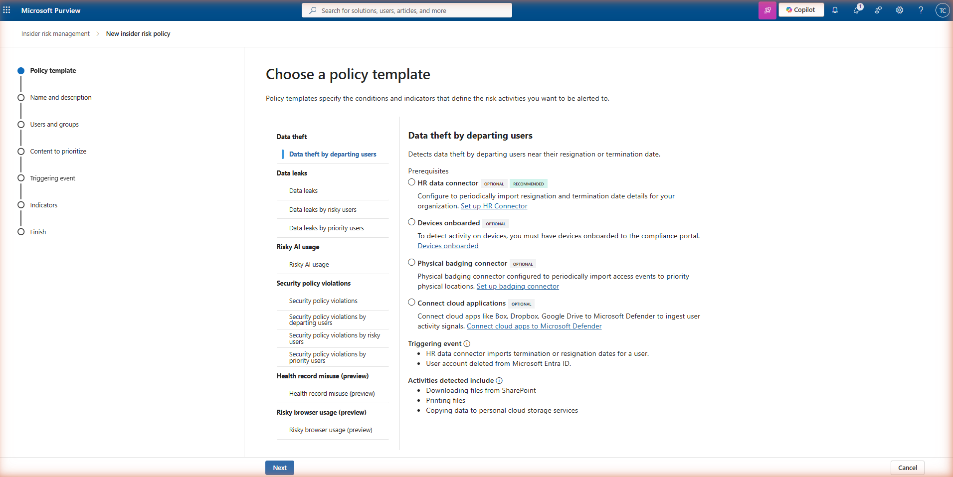 Insider Risk Management policy wizard — Choose a policy template page showing the template gallery with cards for Data theft by departing employees, Data leaks, Security policy violations, and other templates.