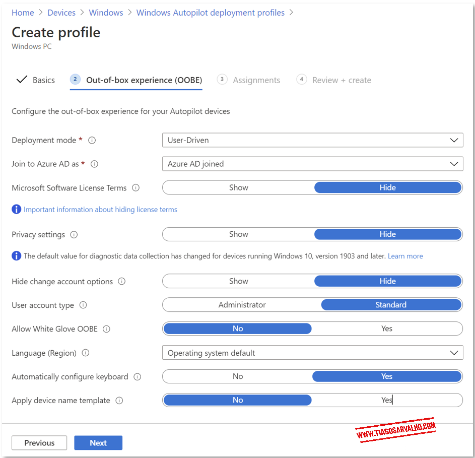 Microsoft Intune admin center showing Windows Autopilot deployment profile creation with OOBE settings including deployment mode, join type, privacy settings, and user account type