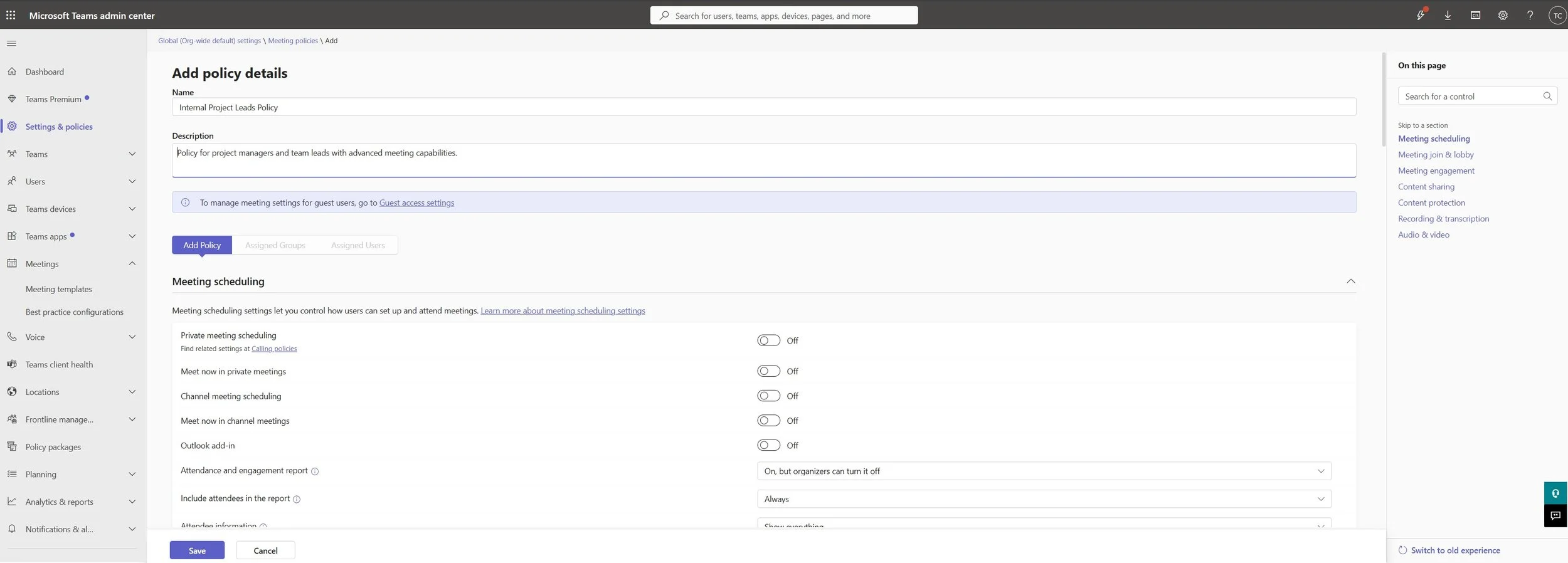 Screenshot 2: Creating a new custom meeting policy with a descriptive name.