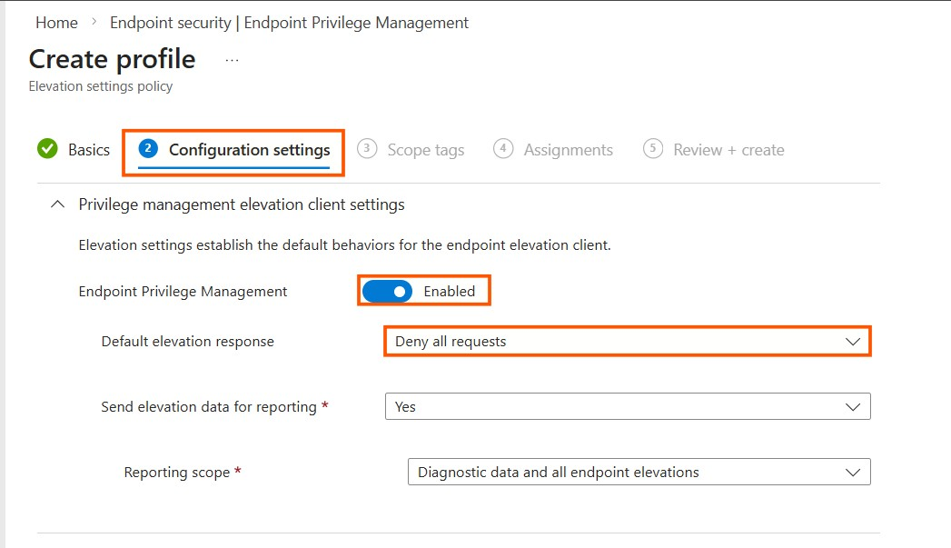 Elevation settings policy configuration in the Microsoft Intune admin center showing EPM enabled, Deny all requests, and reporting enabled