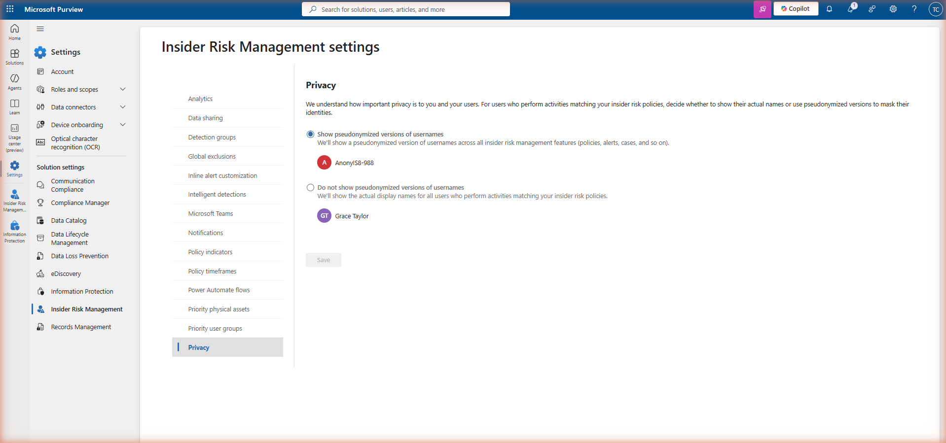 Microsoft Purview Insider Risk Management Settings — Privacy page showing the option to show anonymised versions of usernames, with the toggle controlling whether pseudonymisation is enabled across all IRM views.