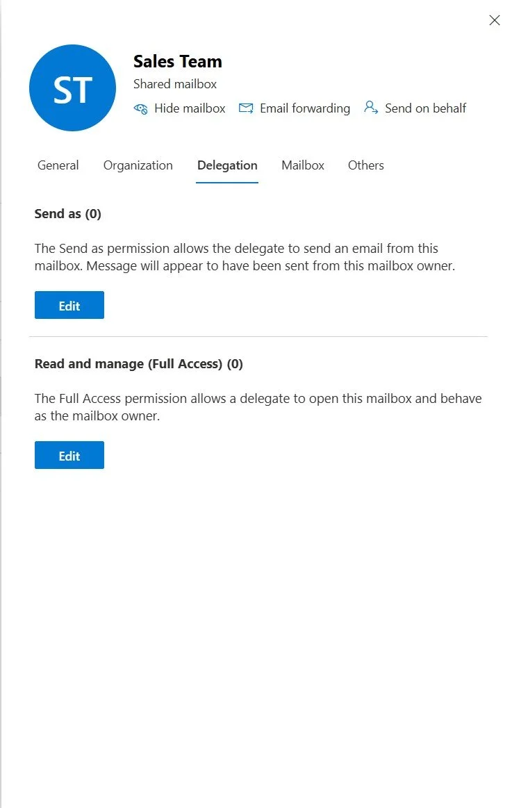 Assigning permissions to a shared mailbox