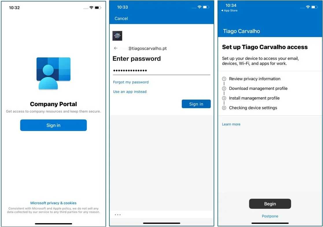 Screenshots showing the Intune Company Portal enrollment process on an iPhone, from sign-in to setting up access