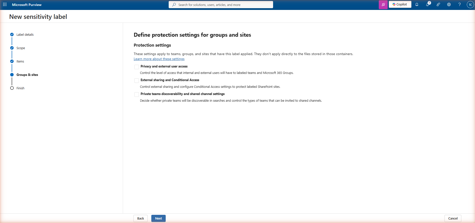 New sensitivity label wizard — Step 4: Define protection settings for groups and sites. Three unchecked options: 'Privacy and external user access', 'External sharing and Conditional Access', and 'Private teams discoverability and shared channel settings'.
