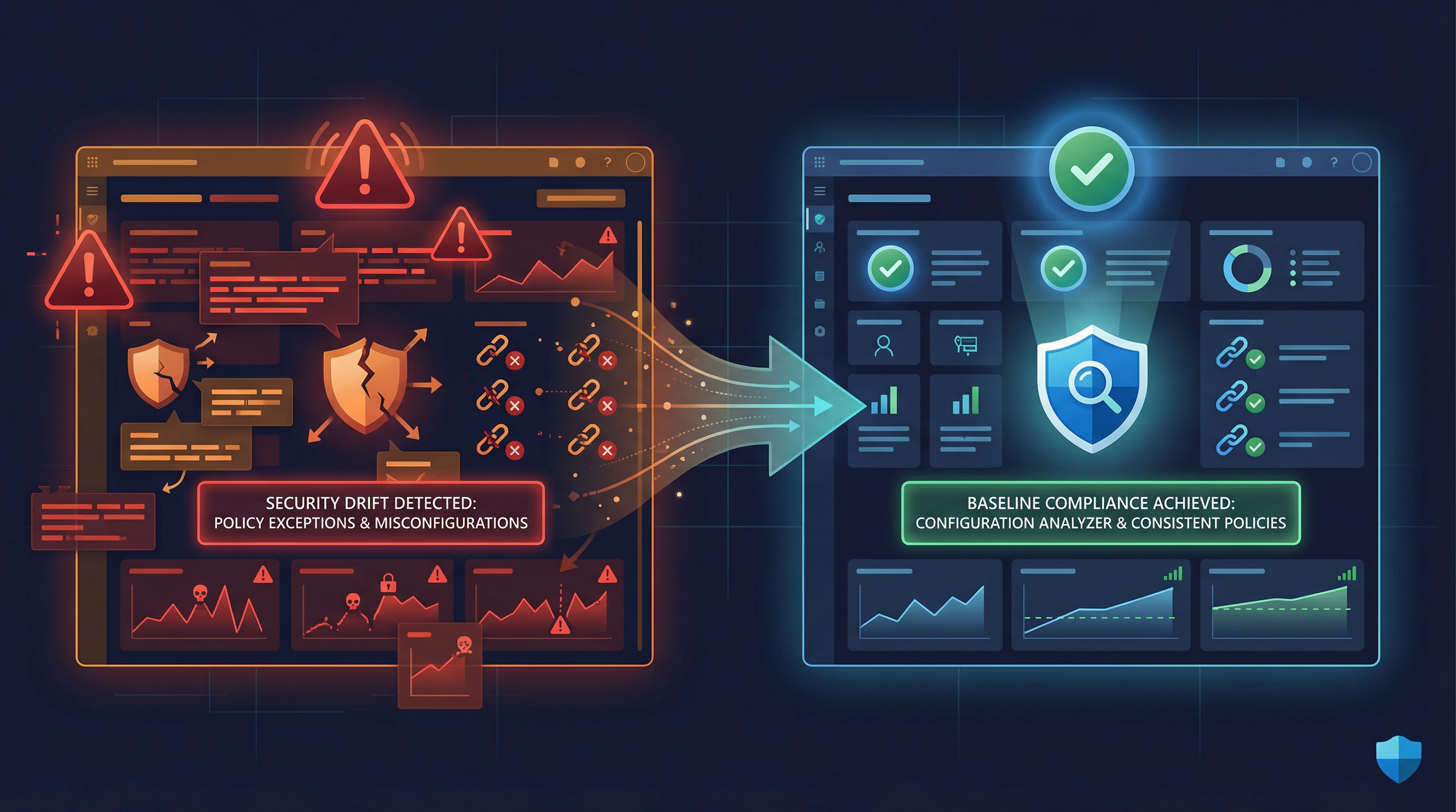 Hero image showing security drift on the left and baseline compliance on the right
