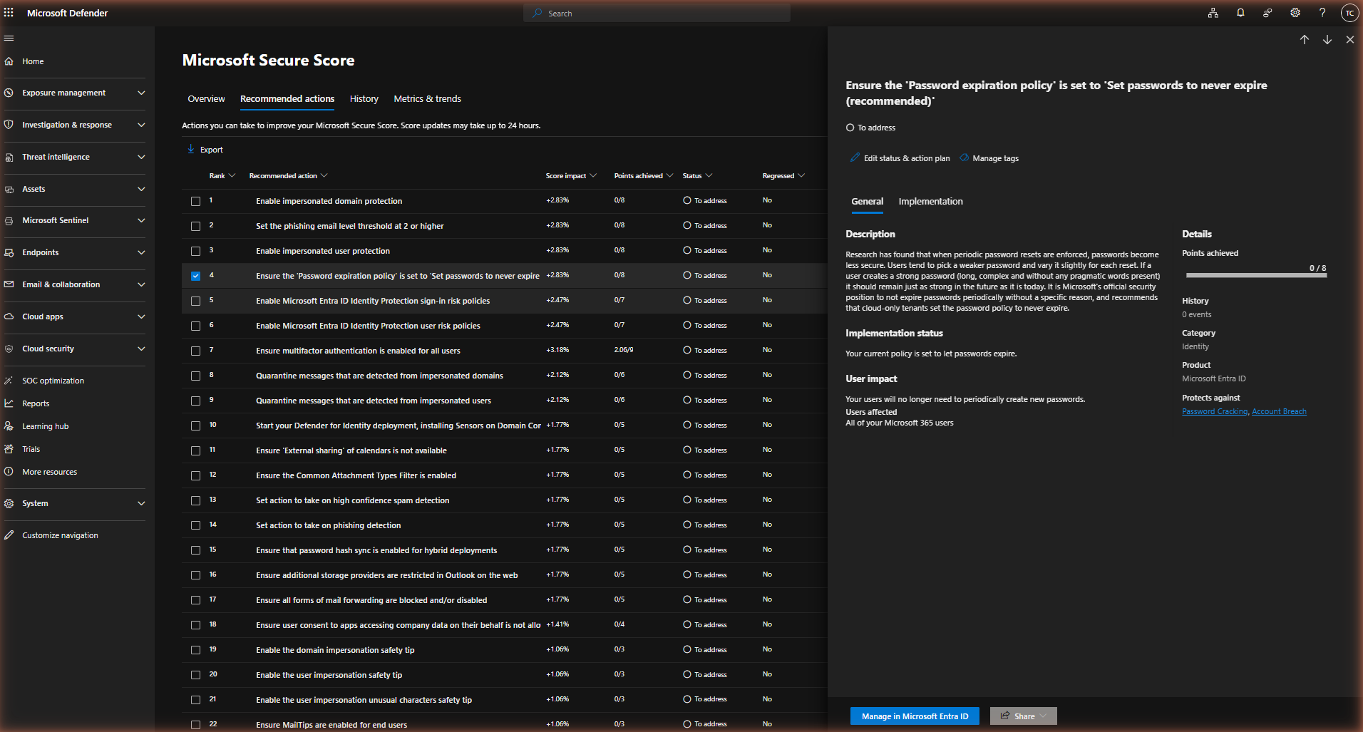 Microsoft 365 Secure Score — Action detail flyout for 'Ensure multifactor authentication is enabled for all users' showing status To address, a description of what MFA does, implementation status showing 27 out of 35 users are not registered with MFA, user impact description, and a Details panel showing 2.06/9 points achieved, History of 1 event, Category Identity, Product Microsoft Entra ID, and Protects against Password Cracking and Account Breach.
