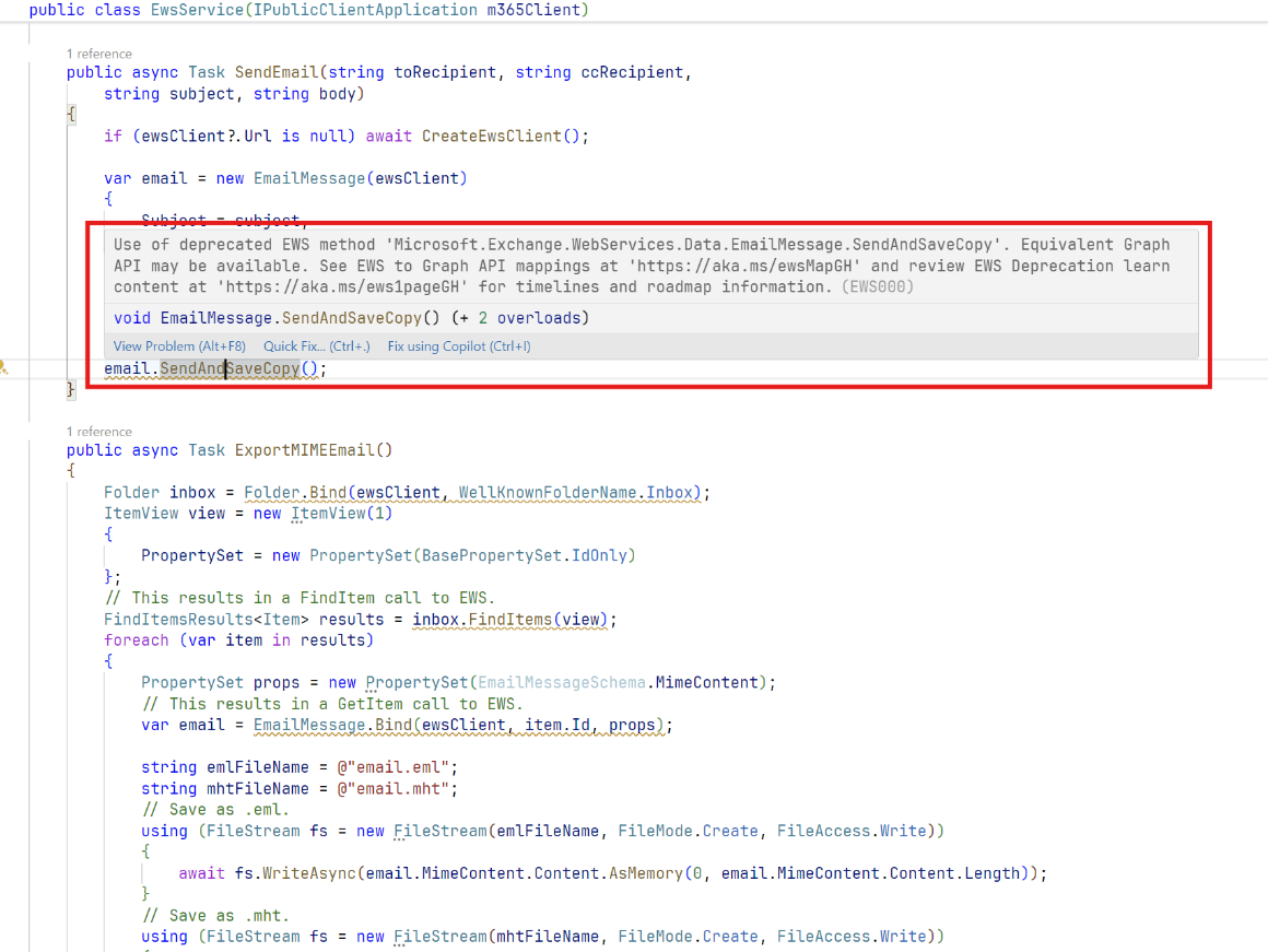 EWS Code Analyzer in Visual Studio showing a deprecated method