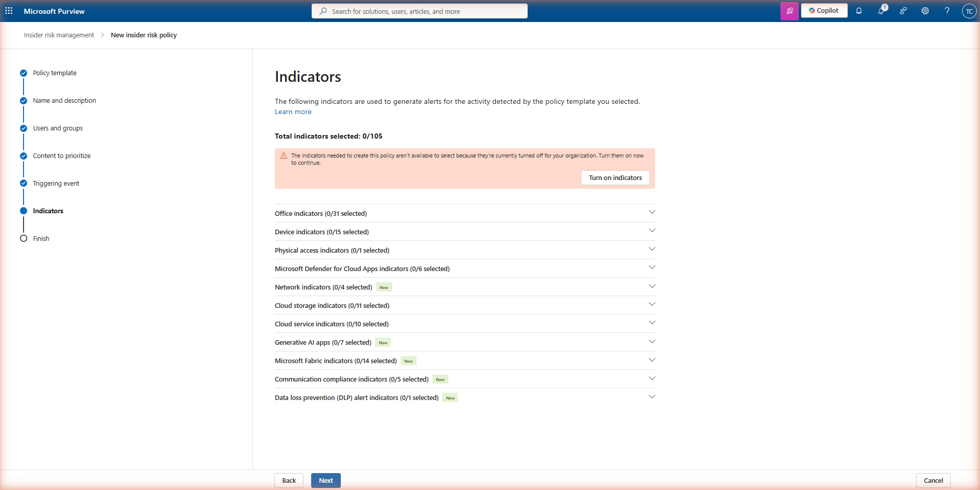 Insider Risk Management policy wizard — Policy indicators page showing grouped indicator categories: Office indicators, Device indicators, Microsoft Defender for Endpoint indicators, and Physical access indicators. Each category shows individual indicators with checkboxes.