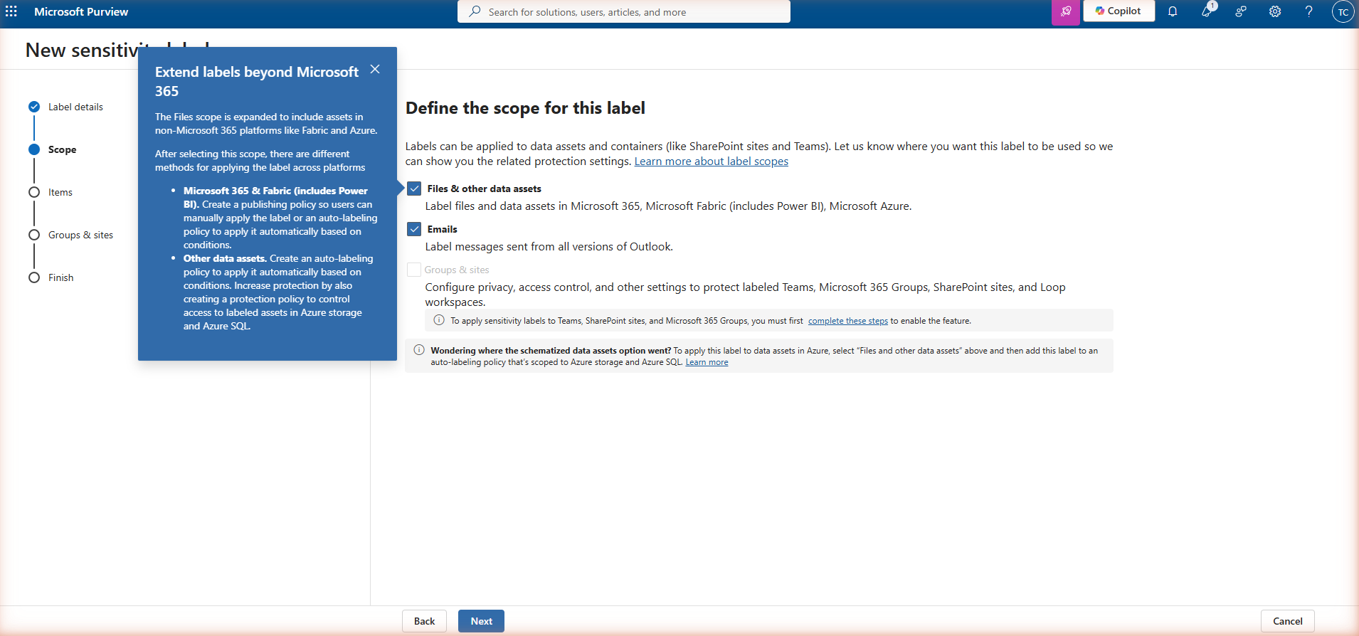 New sensitivity label wizard — Step 2: Scope. 'Files and other data assets' is checked (covering Microsoft 365, Microsoft Fabric, and Microsoft Azure). 'Emails' is checked. 'Groups and sites' is greyed out with a note that you must first complete prerequisite steps to enable it.