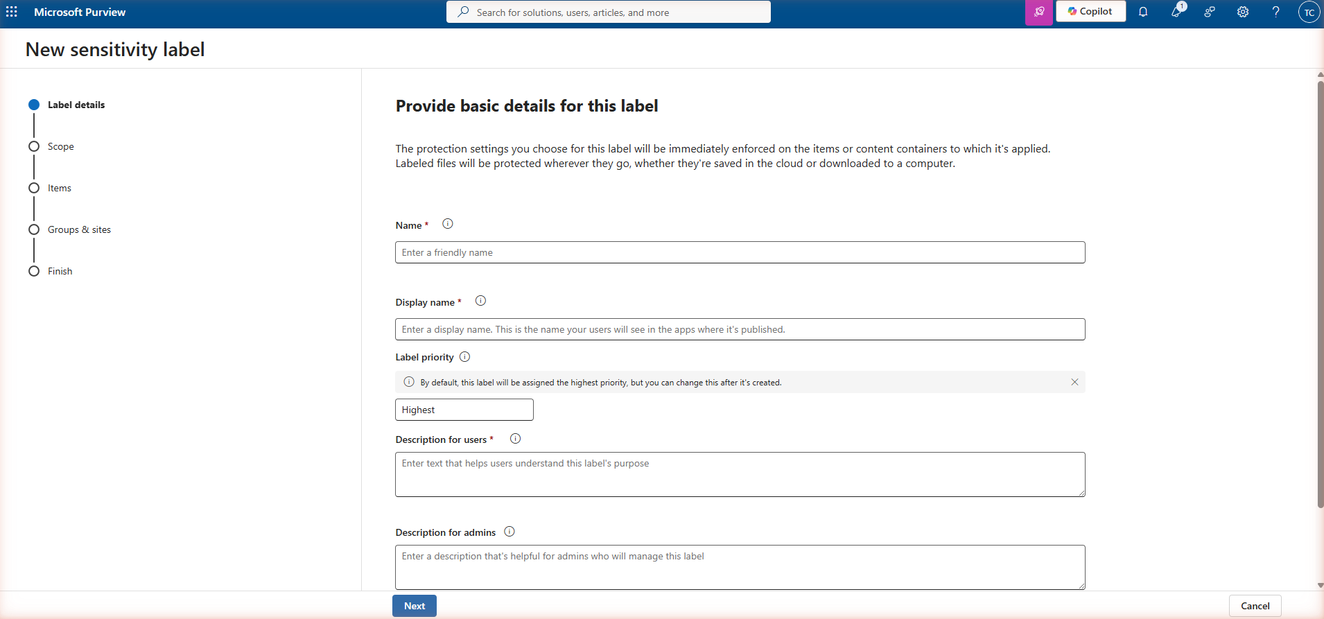 New sensitivity label wizard — Step 1: Label details. Name field shows 'Confidential', Display name shows 'Confidential', Label priority shows 'Highest', and Description for users reads 'For internal documents with business-sensitive content. Restricts sharing outside the organisation.'