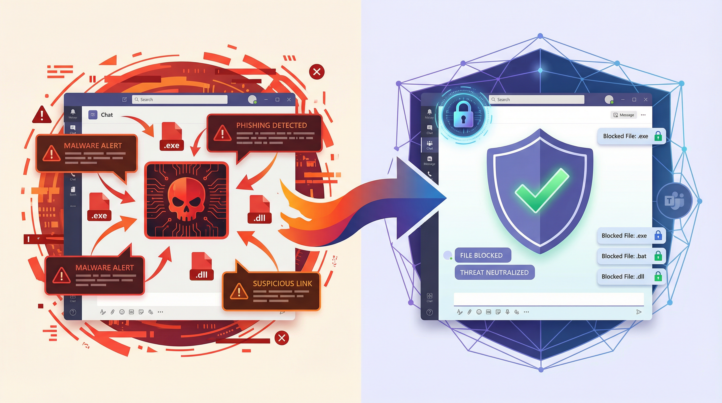 Hero image showing a transition from a chaotic, malware-filled Teams interface to a secure, protected one