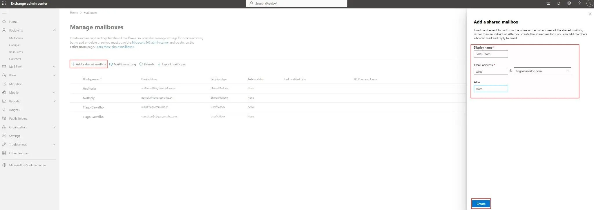 Creating a shared mailbox in Exchange Admin Center