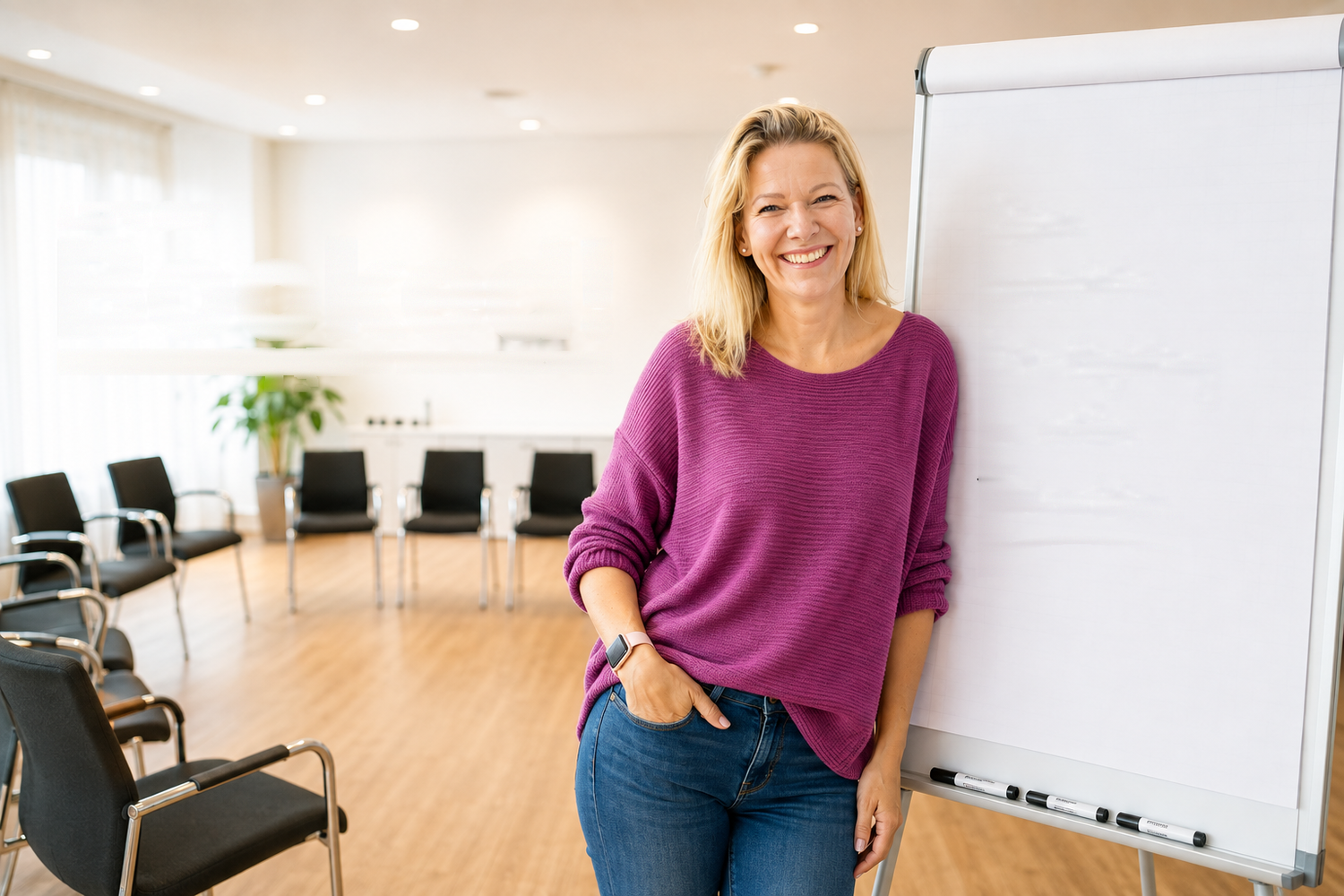Denise Spekowius, Trainer:innen-Mentorin und Sales Coach, lächelnd am Flipchart in einem Seminarraum (KI-generiertes Bild)