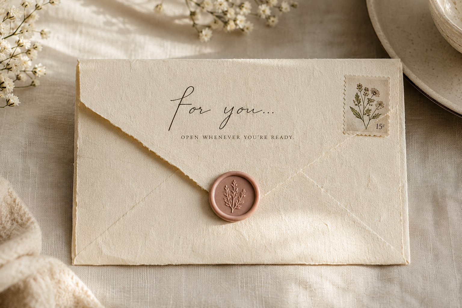A cream handmade-paper envelope sealed with a blush wax seal