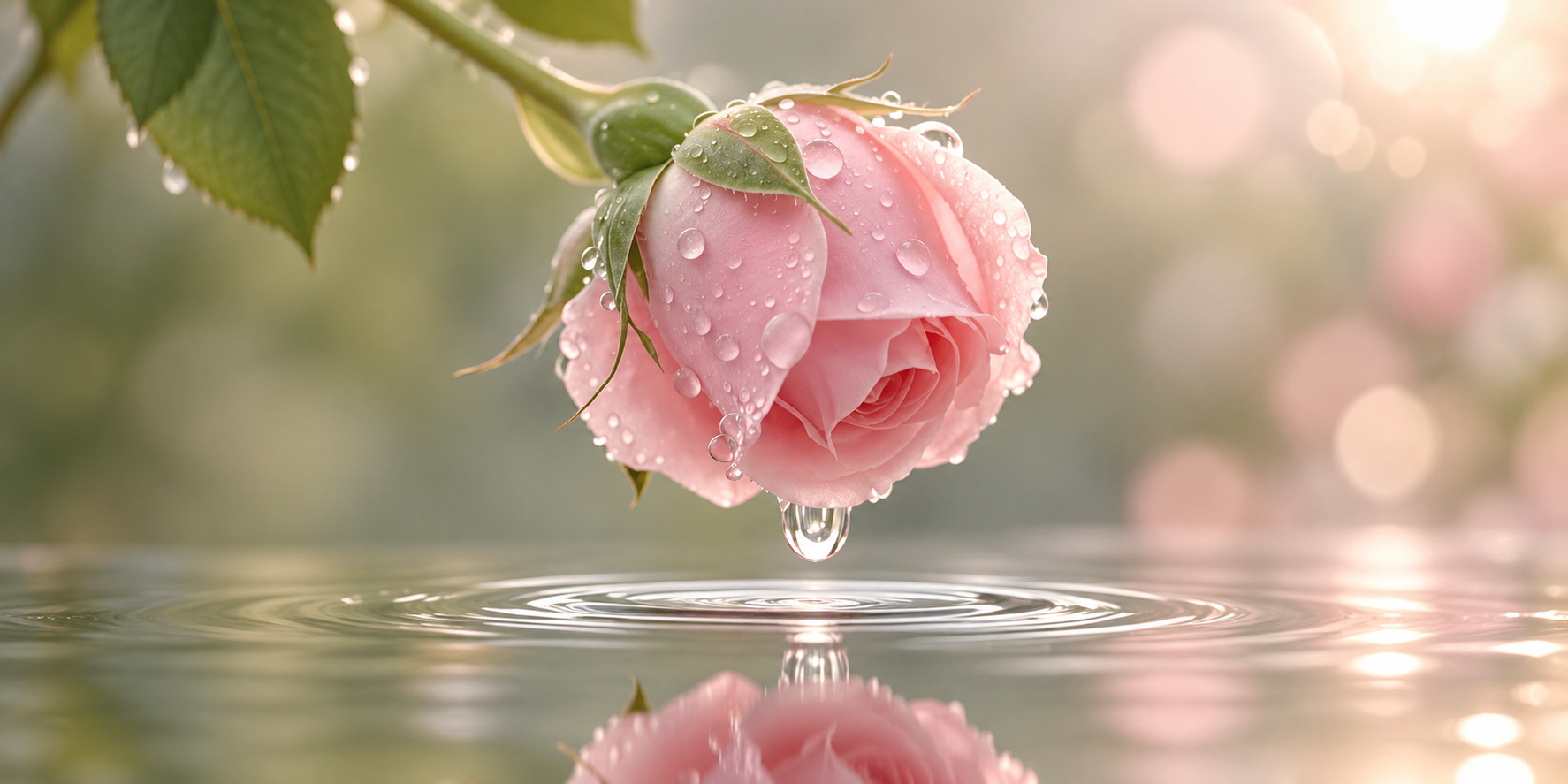A delicate blush pink rose with water droplets, reflected in still water.