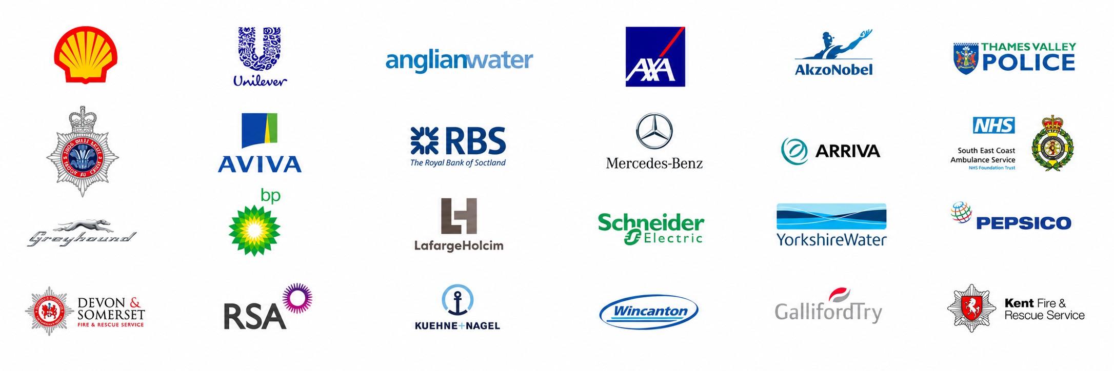 DriverMetrics clients including Shell, Unilever, Anglian Water, AXA, AkzoNobel, Thames Valley Police, Aviva, RBS, Mercedes-Benz, Arriva, Greyhound, BP, Schneider Electric, Yorkshire Water, PepsiCo, RSA, Kuehne+Nagel, Wincanton, GallifordTry and several UK police and fire services