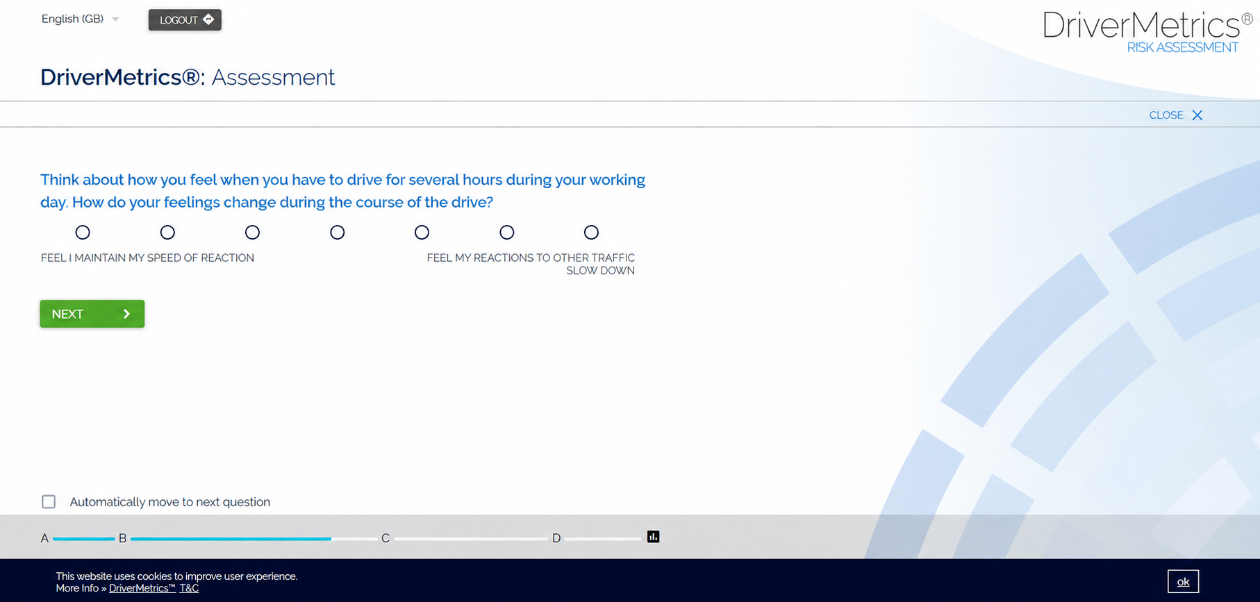 The DriverMetrics assessment interface, showing a question about fatigue on a 7-point response scale