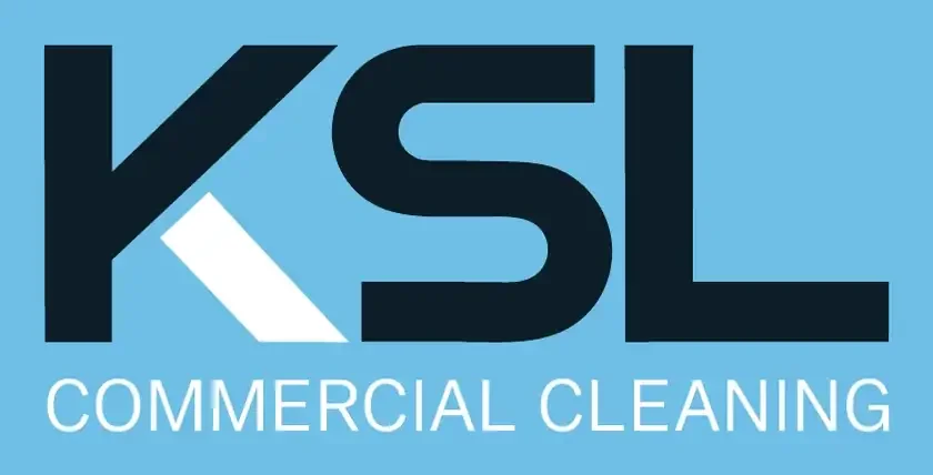 KSL logo variation: navy letters with a white stroke, on sky blue