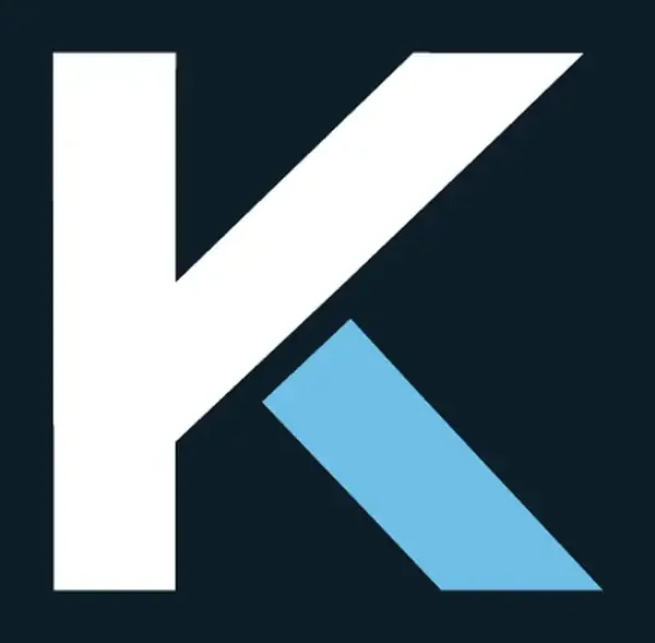 The KSL logo mark: a white K with a sky blue stroke cut through it