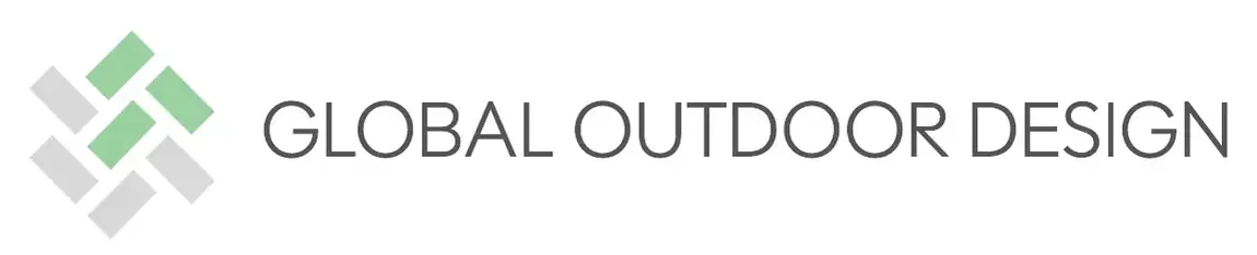 Global Outdoor Design primary logo: the grey and green paving mark beside the name in light grey capitals
