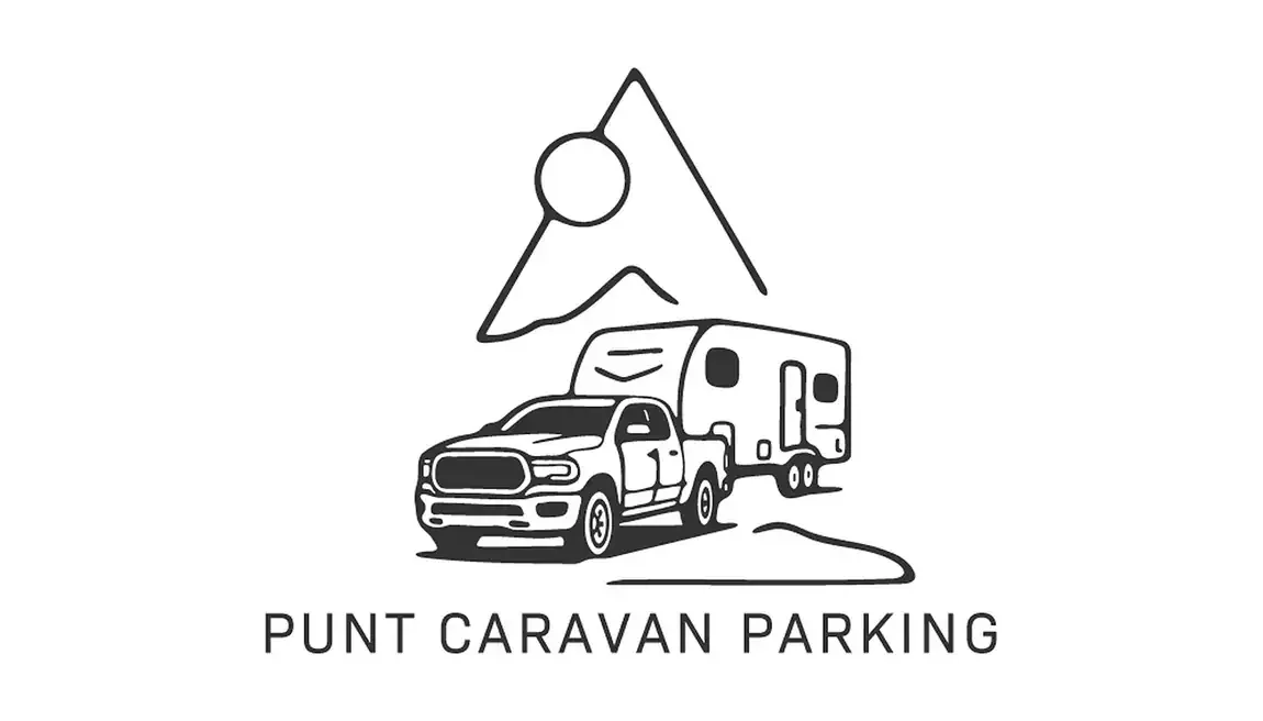 Punt Caravan Parking logo: line-drawn mountain, sun, pickup and caravan above the wordmark