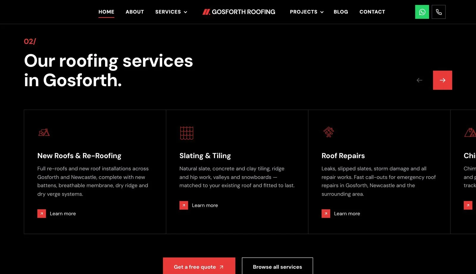 Gosforth Roofing website: roofing services section with free quote button