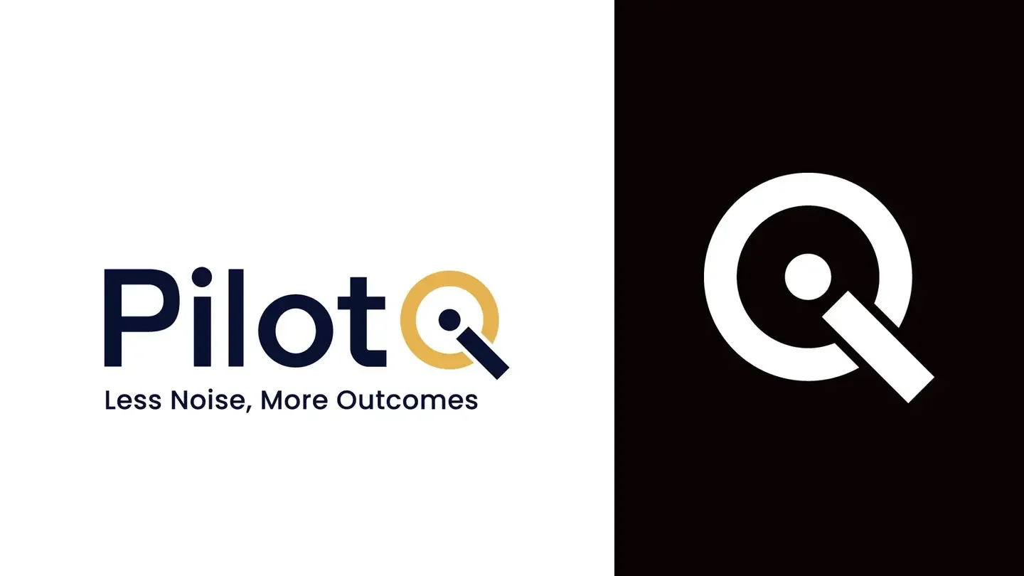 The Pilot IQ logo and strapline in navy and gold on white, beside the Q mark in white on black