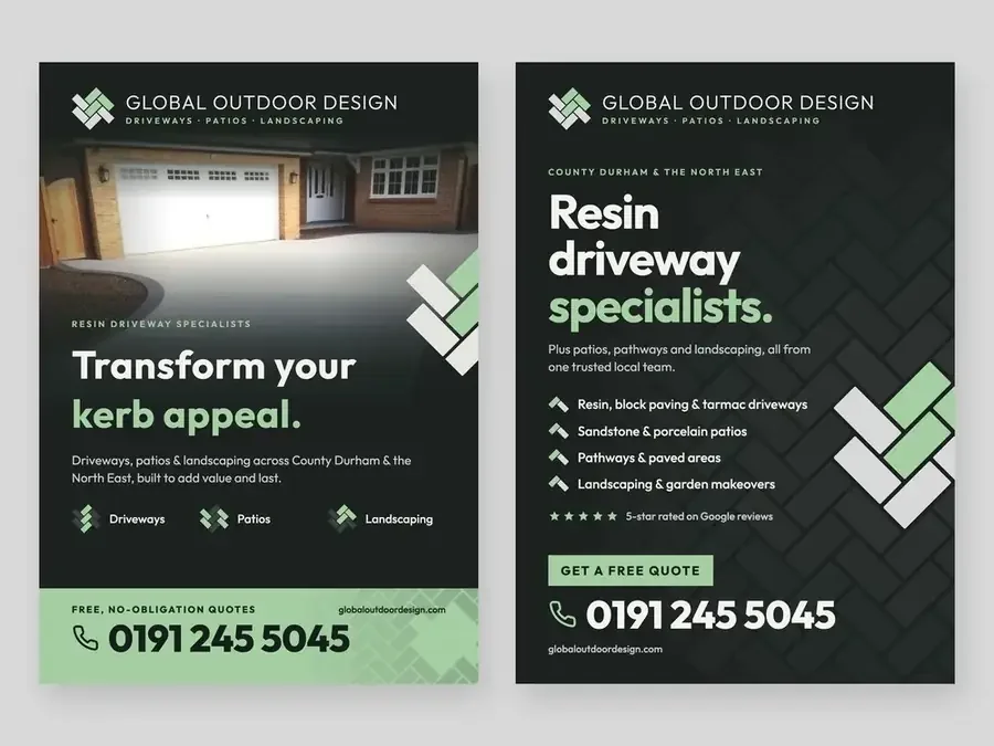 Two Global Outdoor Design artworks side by side: a photo-led design with Transform your kerb appeal, and a services-led design on a dark herringbone pattern