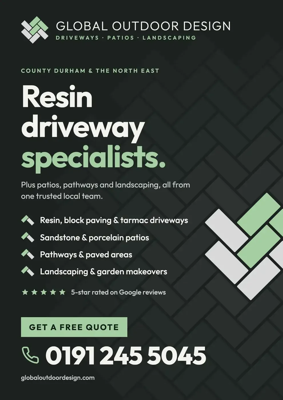 Pavement sign, option B: on a dark herringbone pattern, Resin driveway specialists in white and green, a list of four services with the mark beside each, a five star line, a green Get a free quote button and the phone number