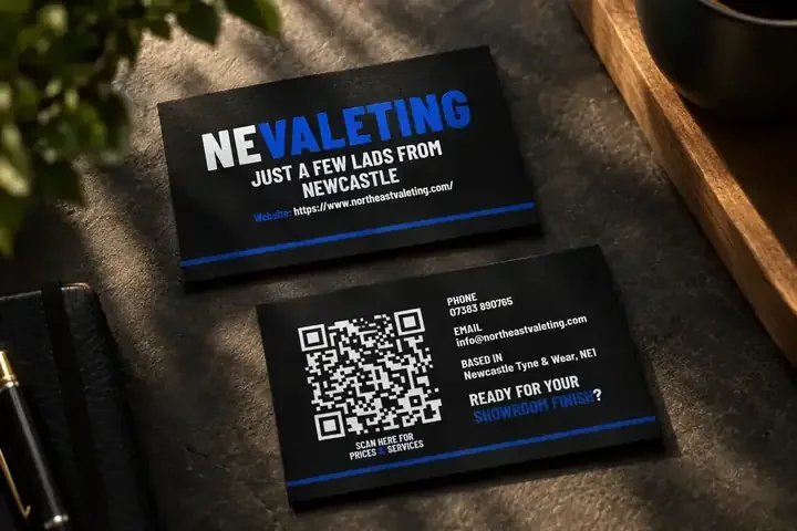 NE Valeting business cards, front and back, on a dark surface