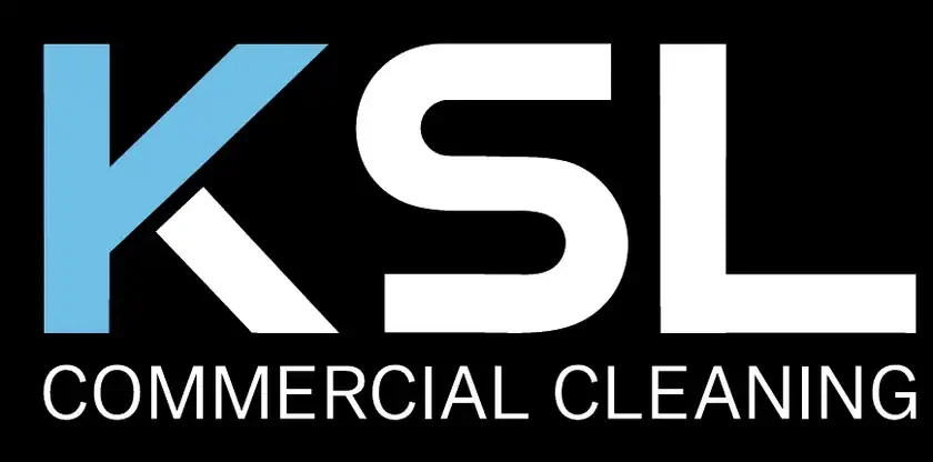 KSL logo variation: a sky blue K with white SL and a white stroke, on black