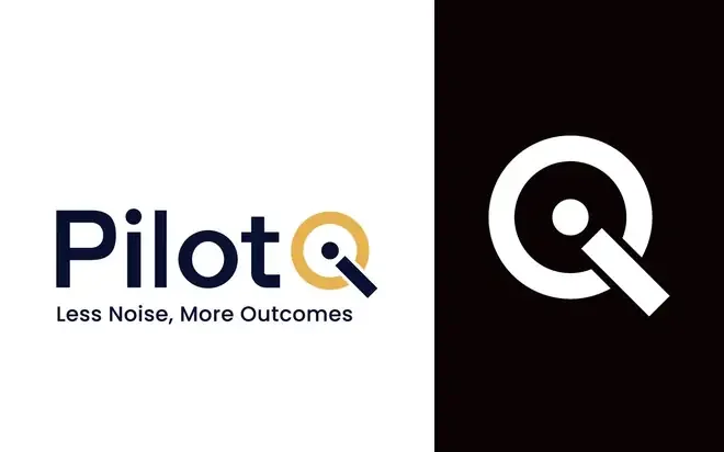 The Pilot IQ logo in navy and gold on white, beside the Q mark in white on black