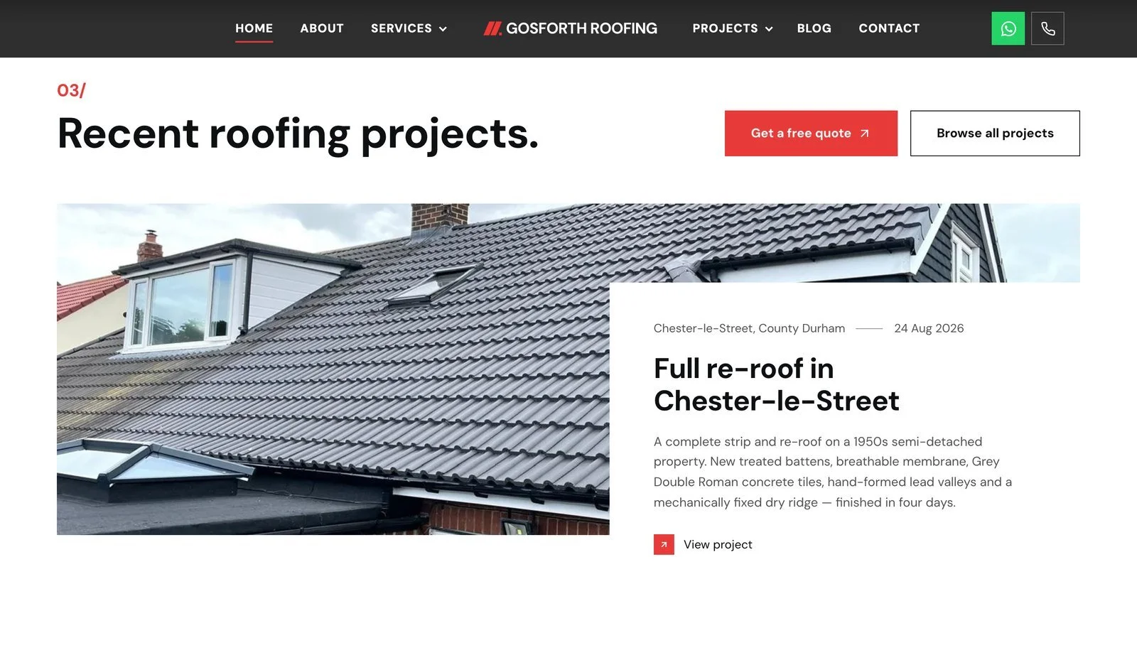 Gosforth Roofing website: recent roofing projects section