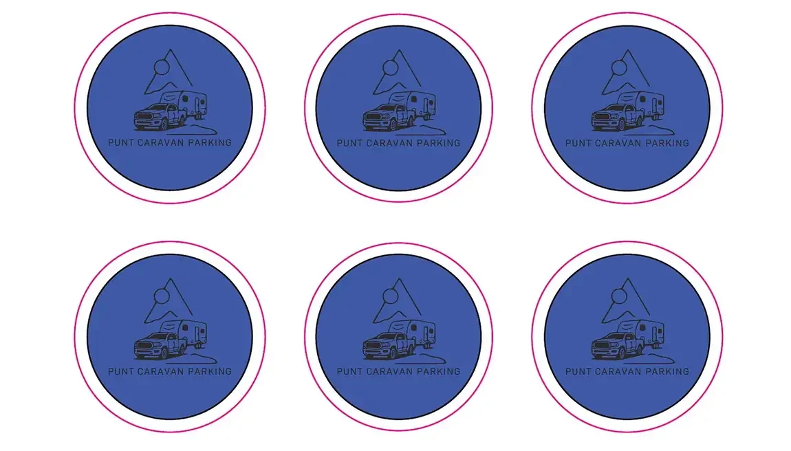 Sheet of round blue Punt Caravan Parking stickers with magenta die-cut lines