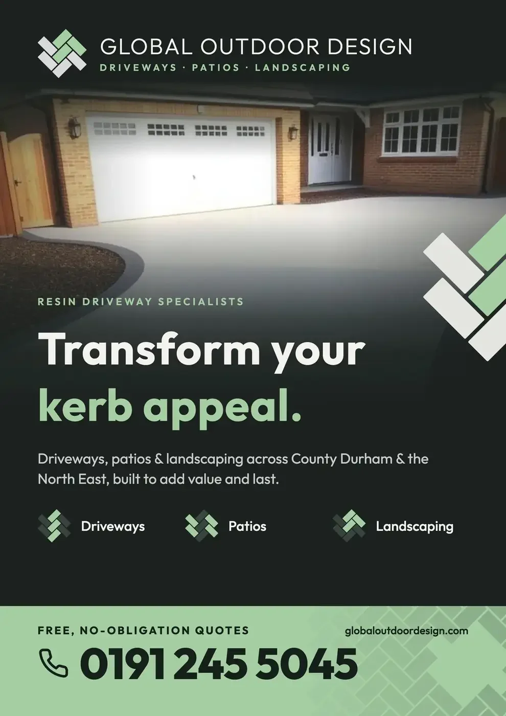 Pavement sign, option A: the logo and services over a photo of a resin driveway at dusk, then Transform your kerb appeal in white and green, the three services with the mark beside each, and a green panel with the phone number and web address