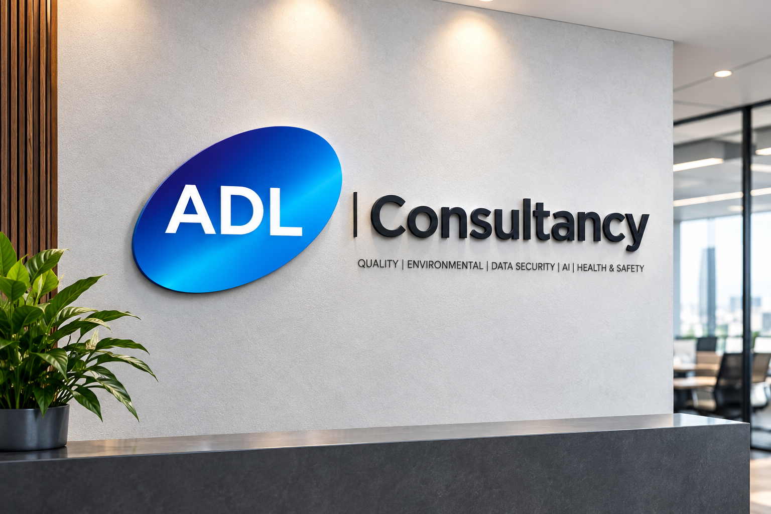 The ADL Consultancy logo as a sign on a light wall above a dark reception desk