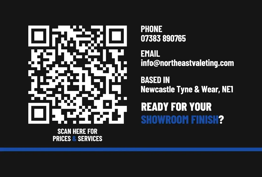 NE Valeting business card back: QR code, phone, email and location