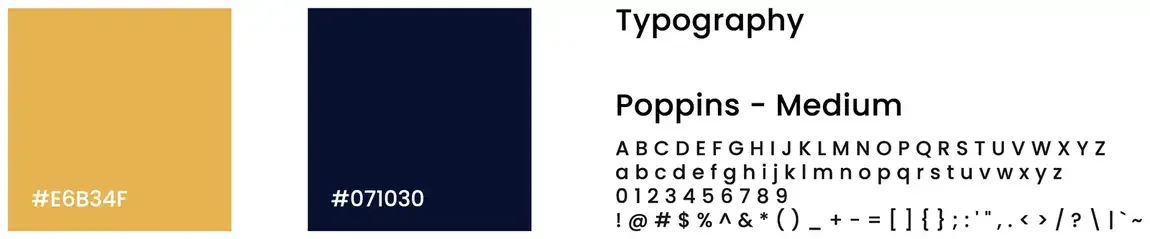 Pilot IQ palette and type: gold #E6B34F and navy #071030, and Poppins Medium with its full character set