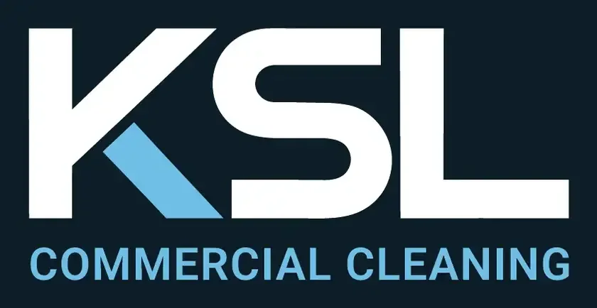 KSL Commercial Cleaning primary logo: KSL in white with a sky blue stroke through the K, on navy