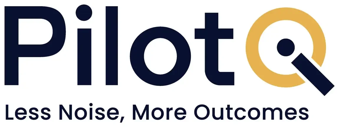 Pilot IQ primary logo: Pilot in navy with a gold ring Q, a navy dot at its centre and a navy bar for the tail, above the strapline Less Noise, More Outcomes