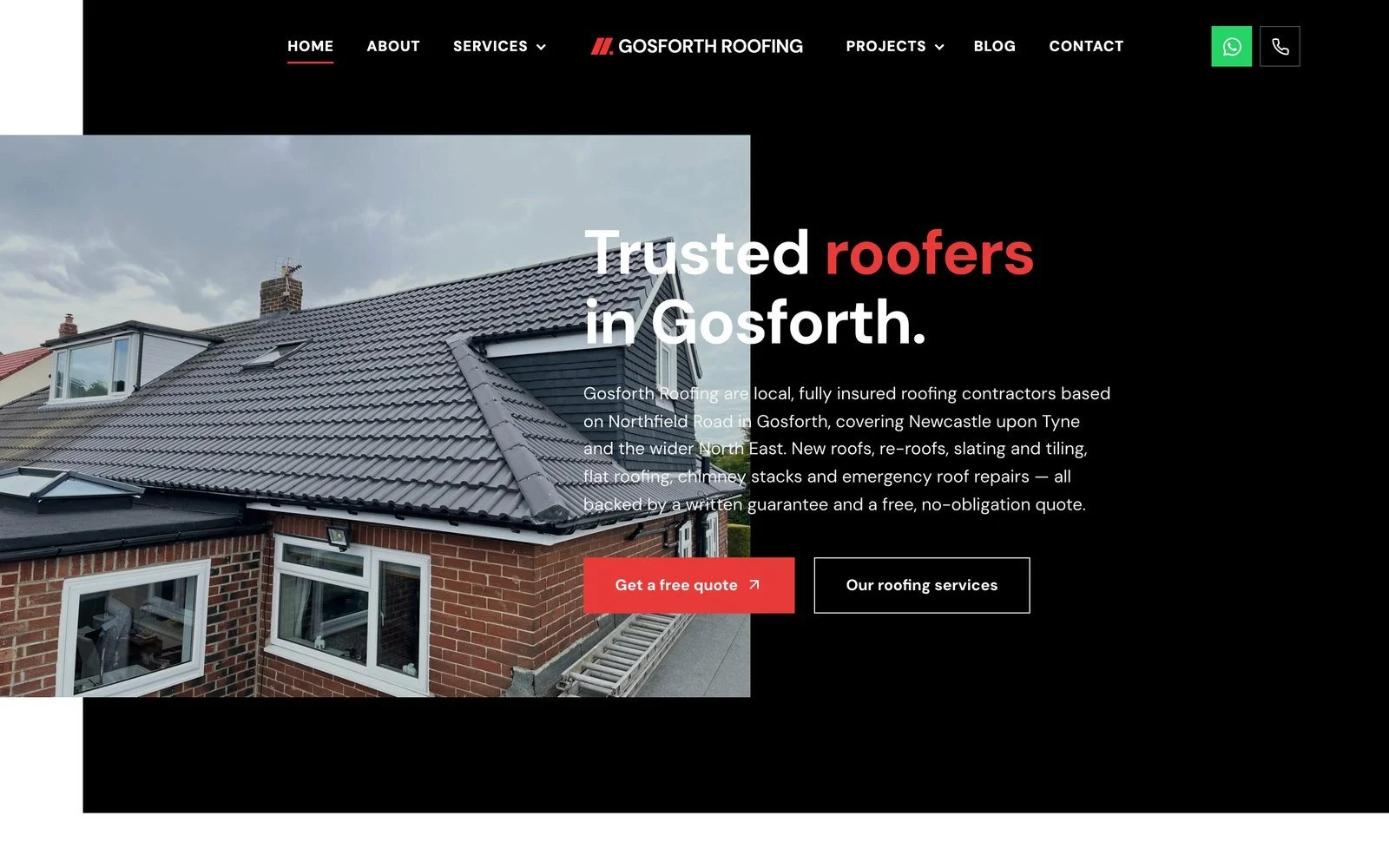 Gosforth Roofing website homepage: hero and quote button