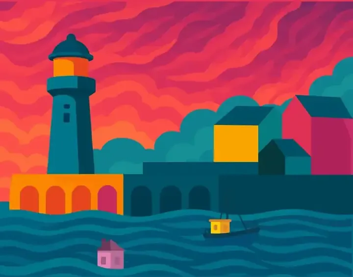 Flat vector illustration of a harbour at sunset: a lighthouse, quayside buildings and a fishing boat under a red sky