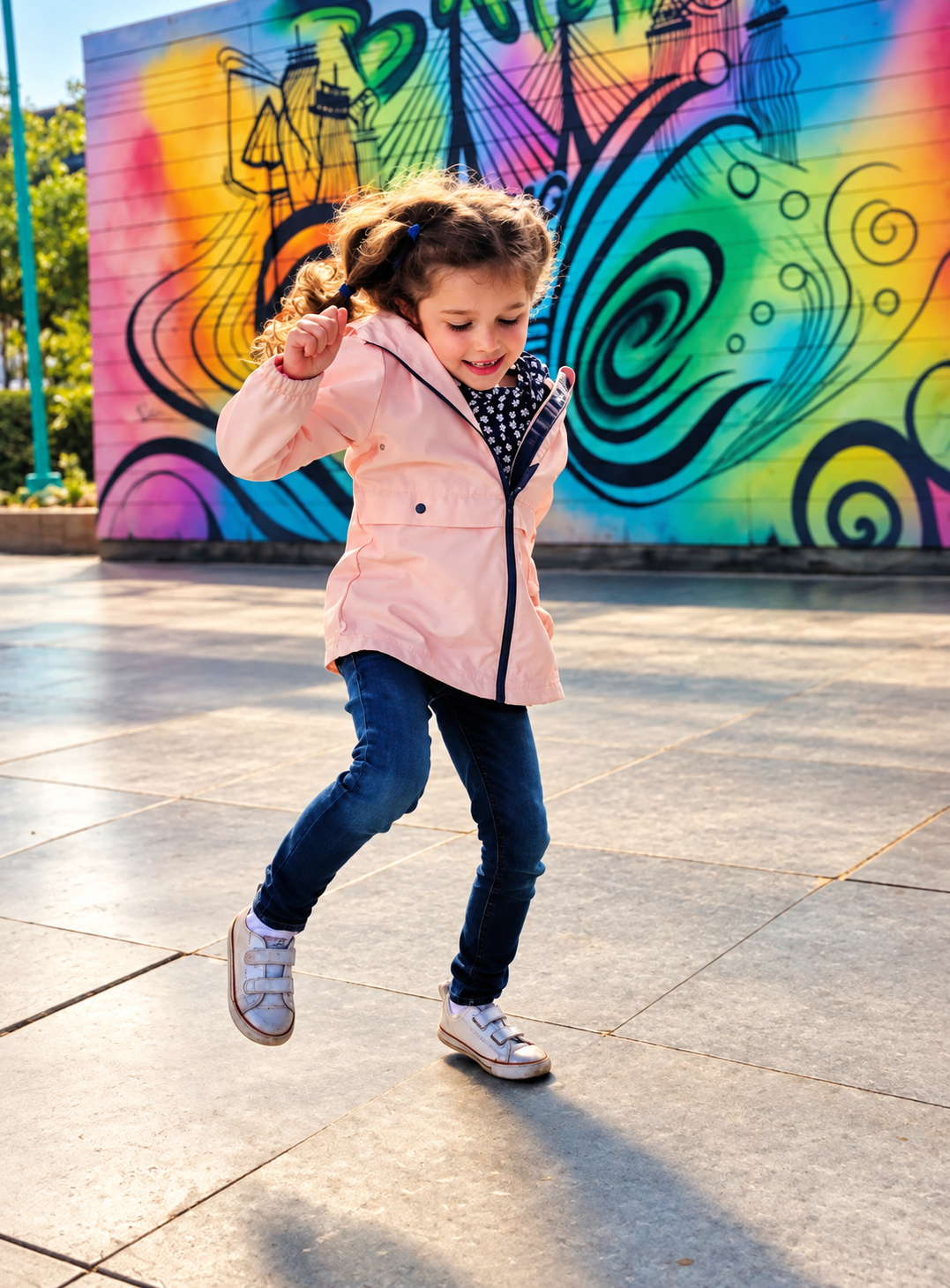 Ellia dancing in a pink jacket in front of a colorful mural
