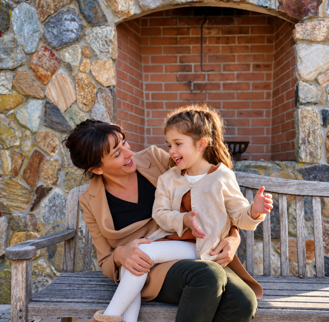Laura and Ellia laughing together on a bench