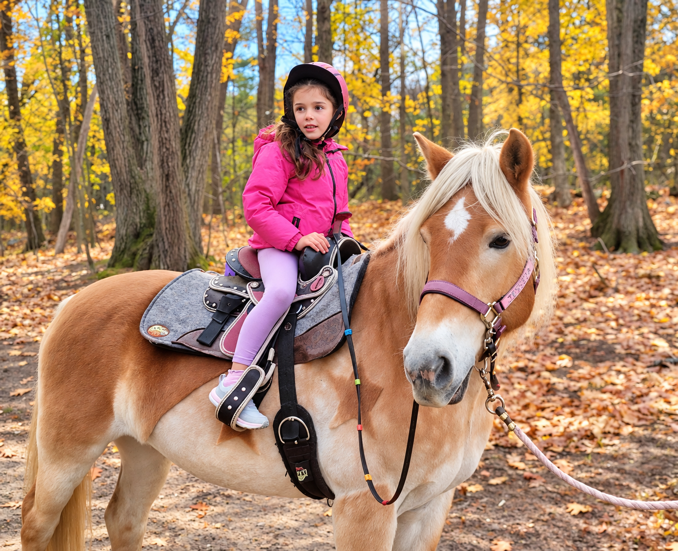 Ellia riding a horse on a wooded trail