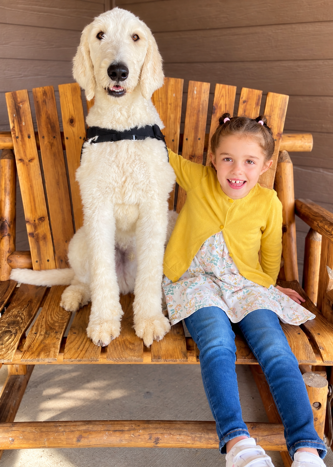 Ellia smiling on a bench beside her service dog