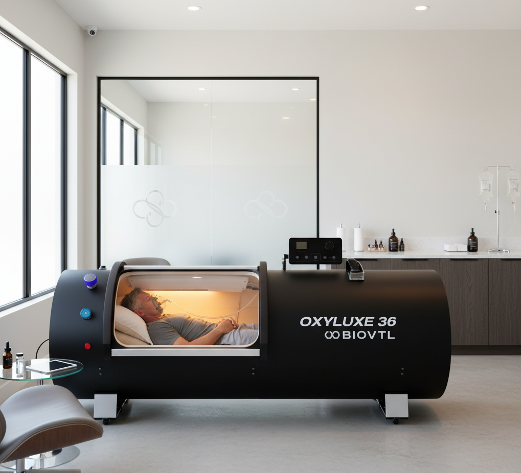 Person relaxing inside OXYLUXE 36 in clinical wellness environment