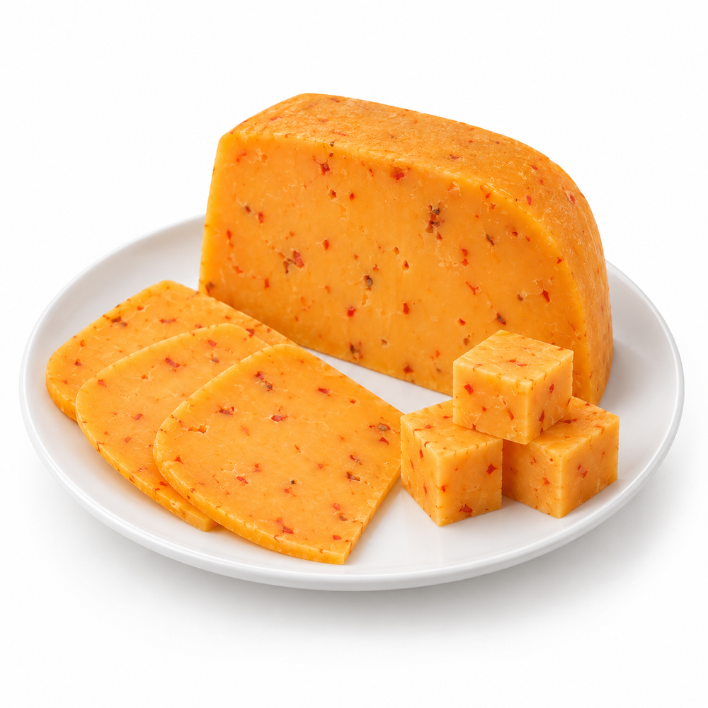 Chili Gouda cut cheese sample on a white plate