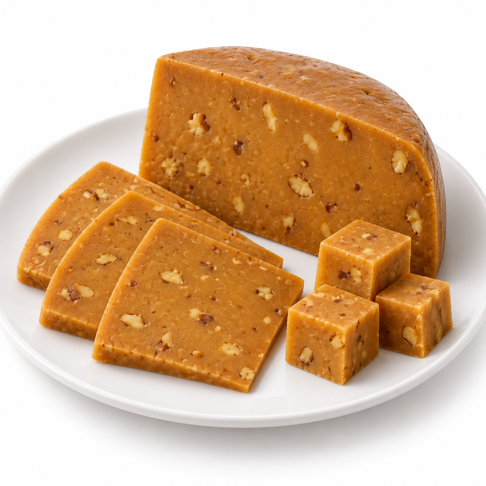 Chocolate Nutmix cut cheese sample on a white plate