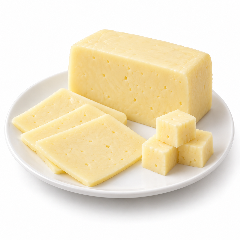 Danish Havarti cut cheese sample on a white plate